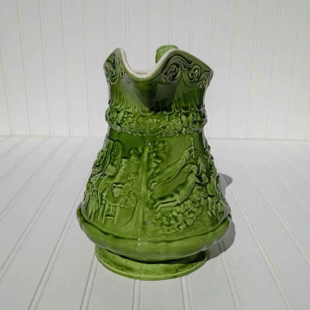 Mid-Century Green Pitcher Relief Pub Horse Scene Embossed Ceramic Signed 1971